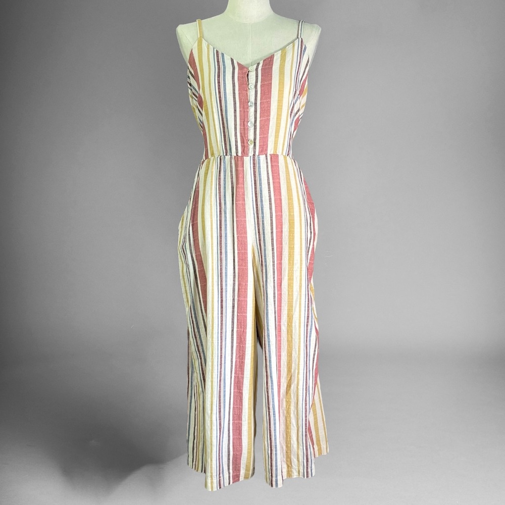 As U Wish Striped Linen Capri Length Jumpsuit